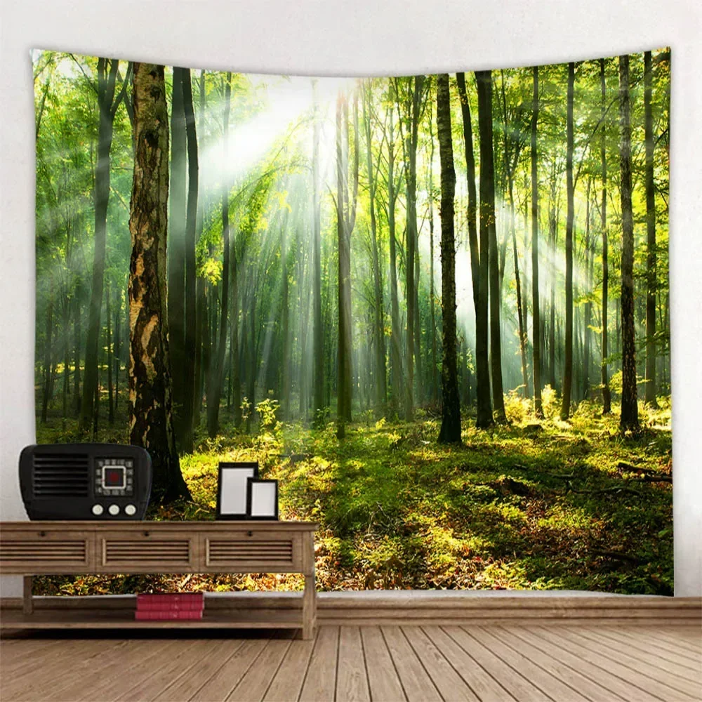 Sunlight shining on the forest tapestry, natural landscape printing, wall tapestry, hippie Bohemian mandala, wall art decoration