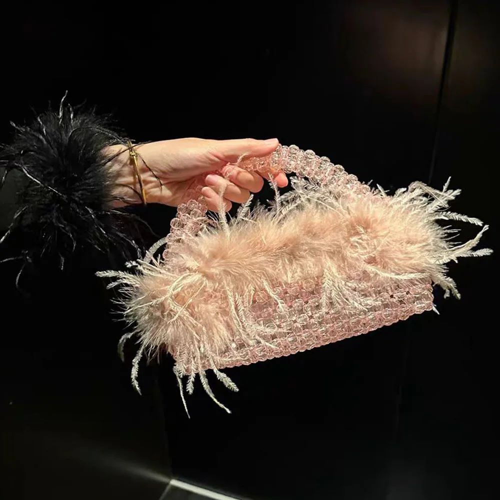 Parel kralen tas met veren bont Designer merk helder acryl kristal stenen doos Tote handtas vrouwen handgemaakte feesttas