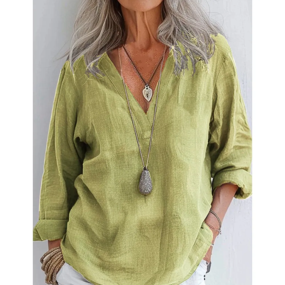 

Women's Fashion V-Neck Long Sleeve Blouse Loose Fit Roll-Up Sleeve Linen Top With Pockets Casual Everyday Green Versatile Shirt