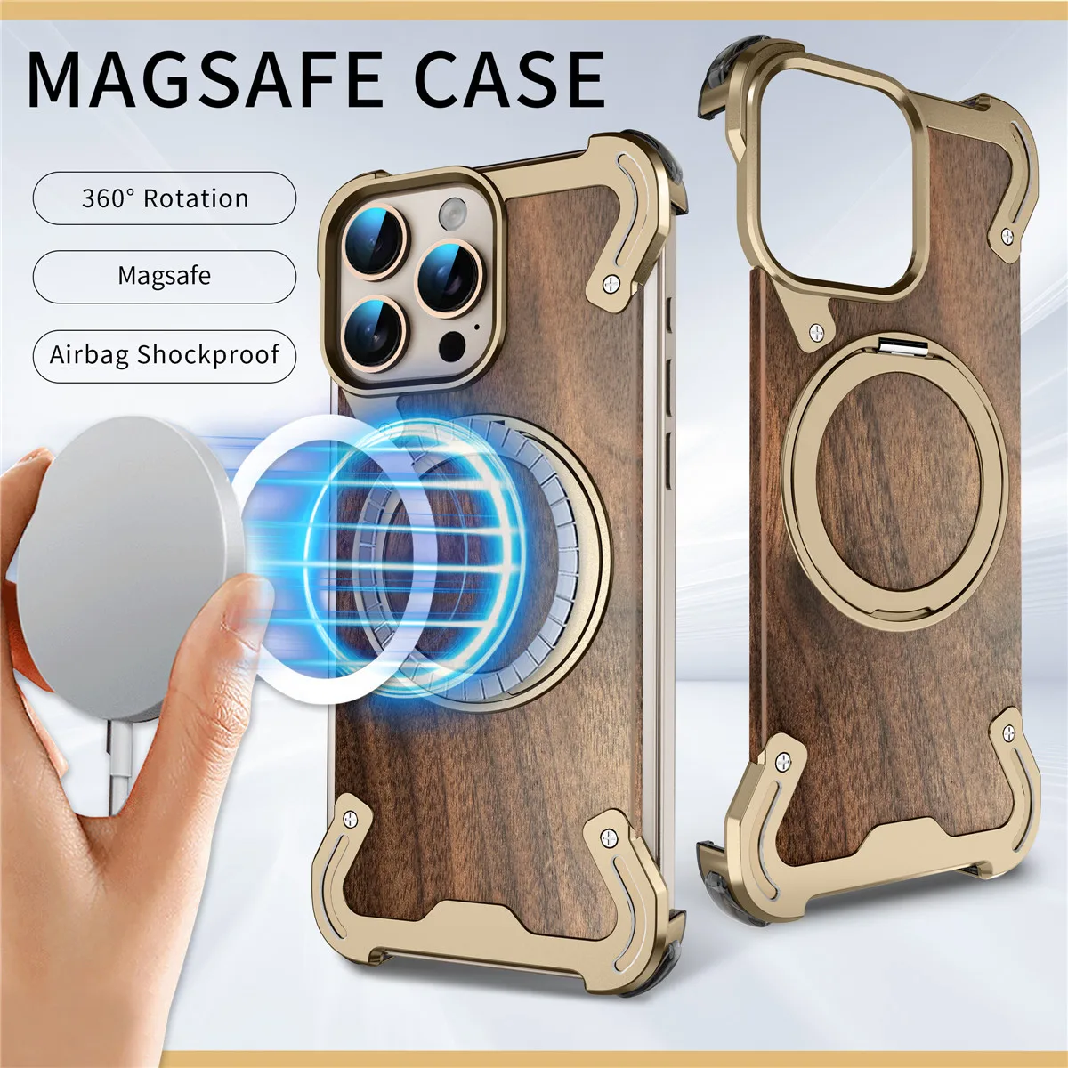 

Aluminum Alloy Mobile Phones Cases for Funda iPhone 17 Pro Max 16 Pro Max 15 Pro Solid Walnut Wood Metal Stand For Magsafe Cover