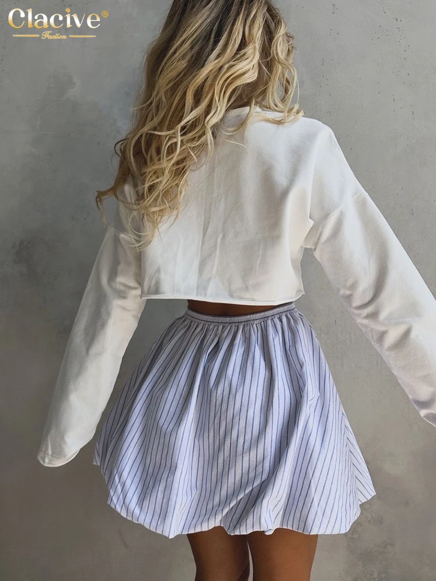 Clacive Fashion Loose Stripe Cotton Women Skirt 2025 Elegant High Waist Pleated Mini Skirts Casual Classic Skirt Female Clothing