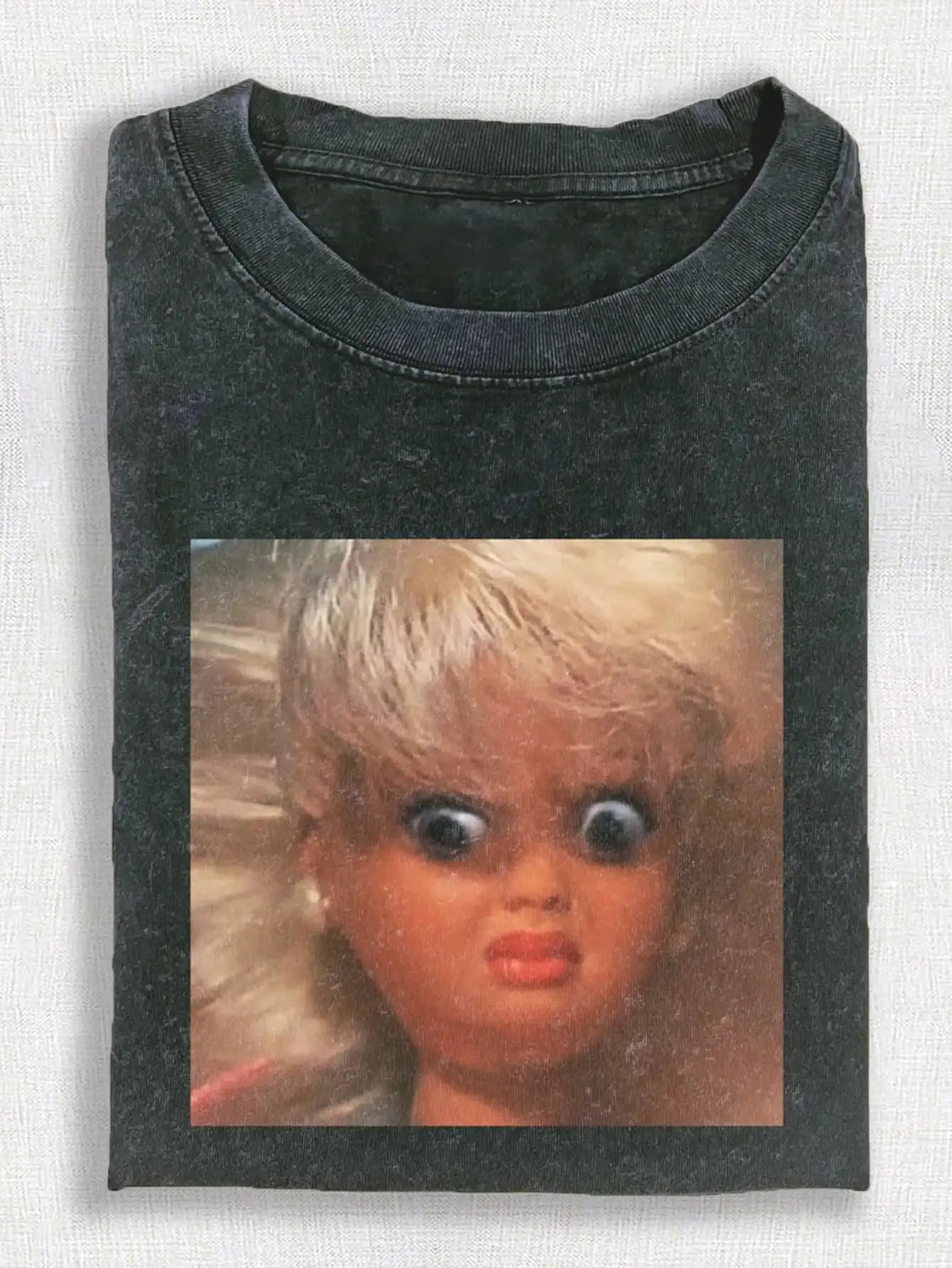 

Men's Distressed Black Cotton Tee with Vintage Doll Face Graphic