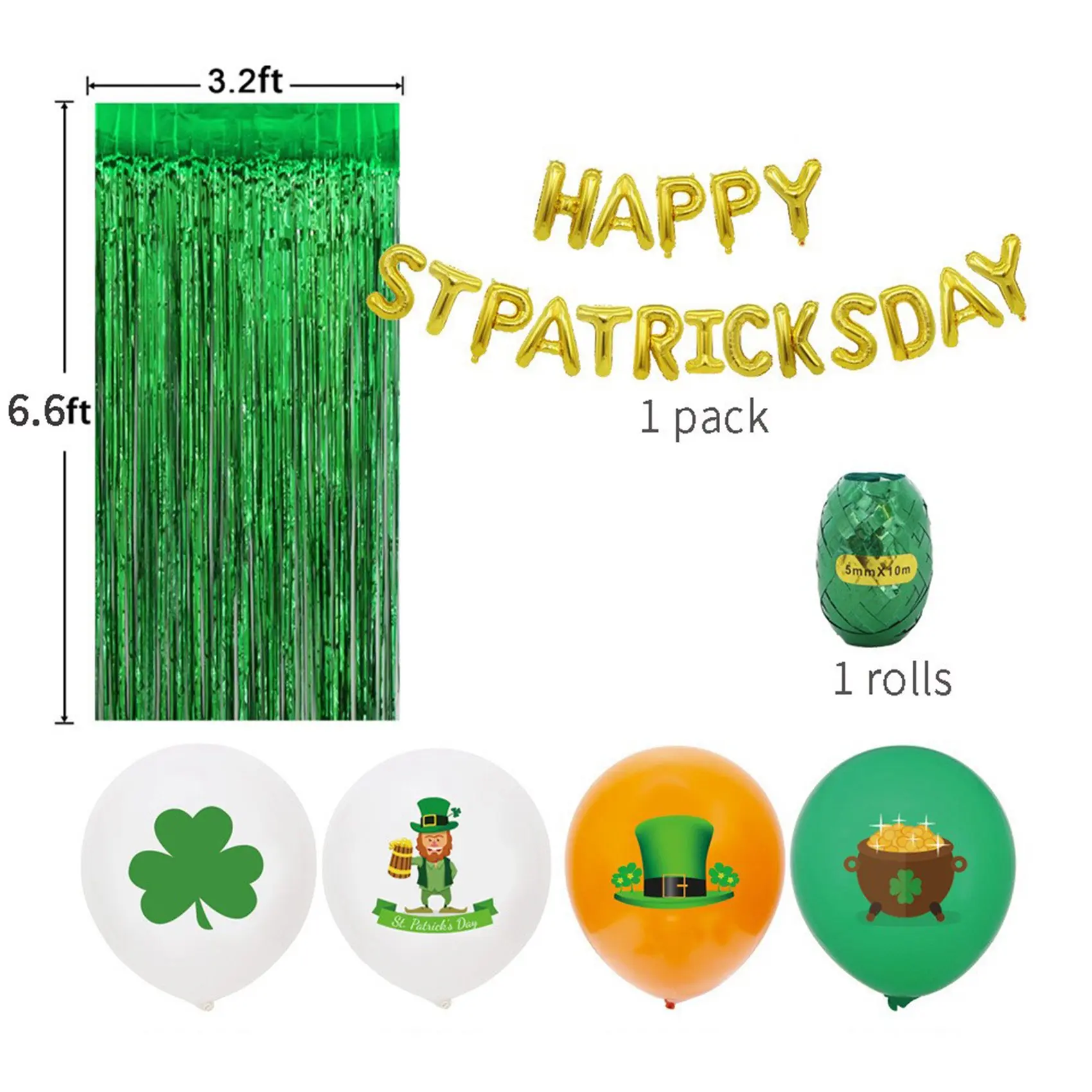 St Patricks Balloons Set Happy St Patricks Day Confetti Balloons Rain Curtain, Ribbon St Patrick Irish Party