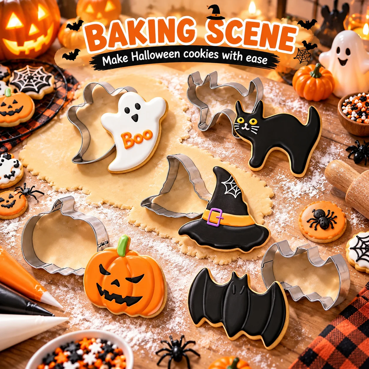 5PCS Halloween Cookie Cutters Stainless Steel Bat Pumpkin Ghost Witch Cat for Candy Cheese Fruit Pancake Party Decor Kitchen Use