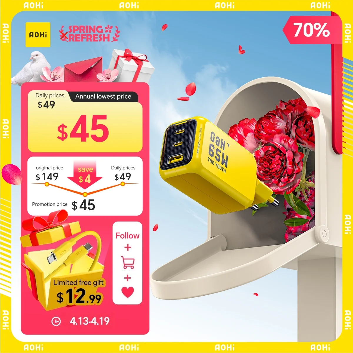 aohi-the-youth-65w-gan-charger-type-c-pd-charger-3-port-usb-charger-with-qc40-portable-fast-charger-for-iphone-laptop-tablet