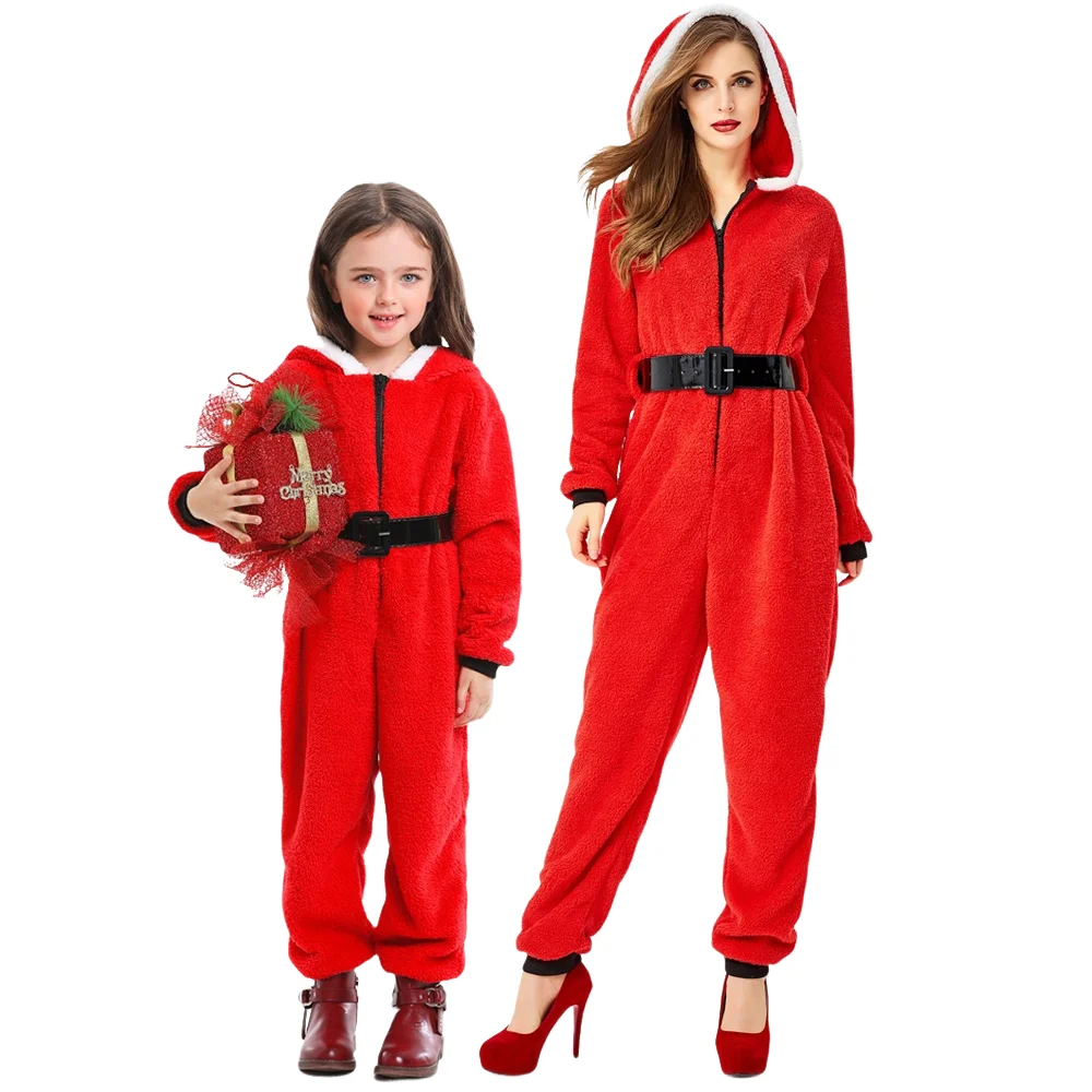 MINISO Frauen Mädchen Rot Weihnachten Fleece Nette Langarm Mit Kapuze Overall Santa Claus Cosplay Karneval Party Outfits Kostüme