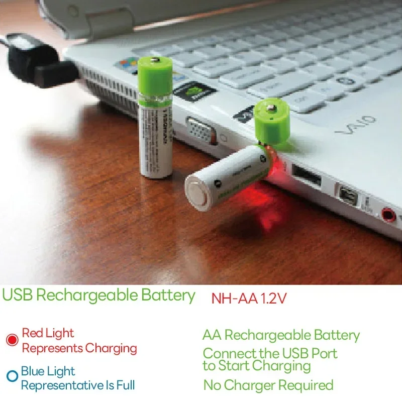 AA USB Rechargeable NiMH Battery 1.2V 1450mAh USB Charging Port for Remote Control Mouse Small Fan Toy