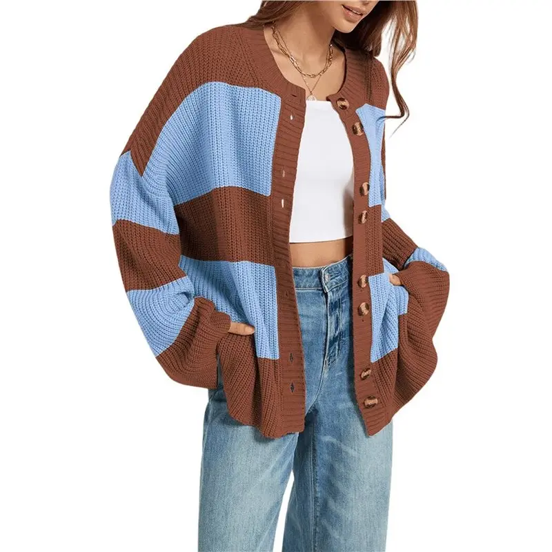 Womens Striped Chunky Cardigan Sweaters Button Up Fall Color Block Long Sleeve Knit Sweater Coats Rust Red XL Eco-Friendly