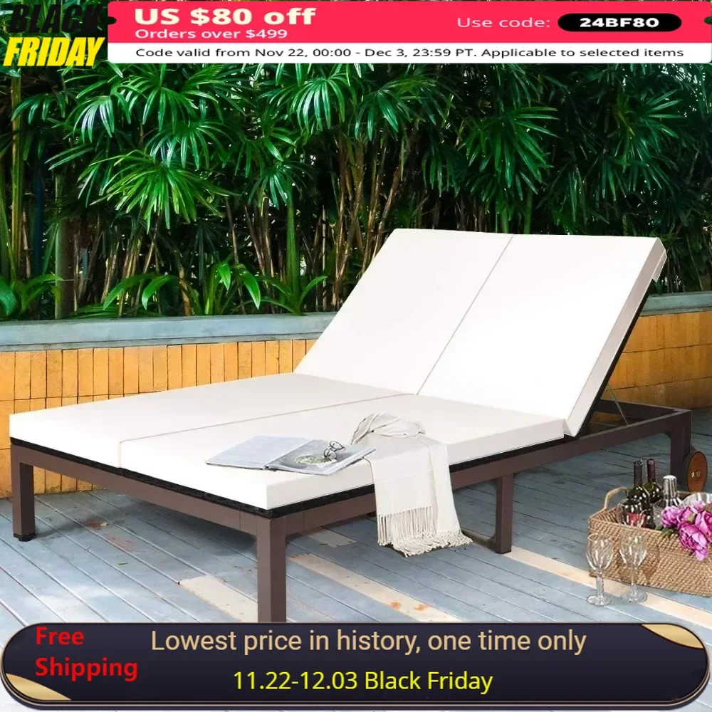 

Beach Chairs, Outdoor Rattan Double Wicker Daybed Chaise Backrest Wheels & Cushion, Sofa for Garden Lawn Backyard Beach Chairs