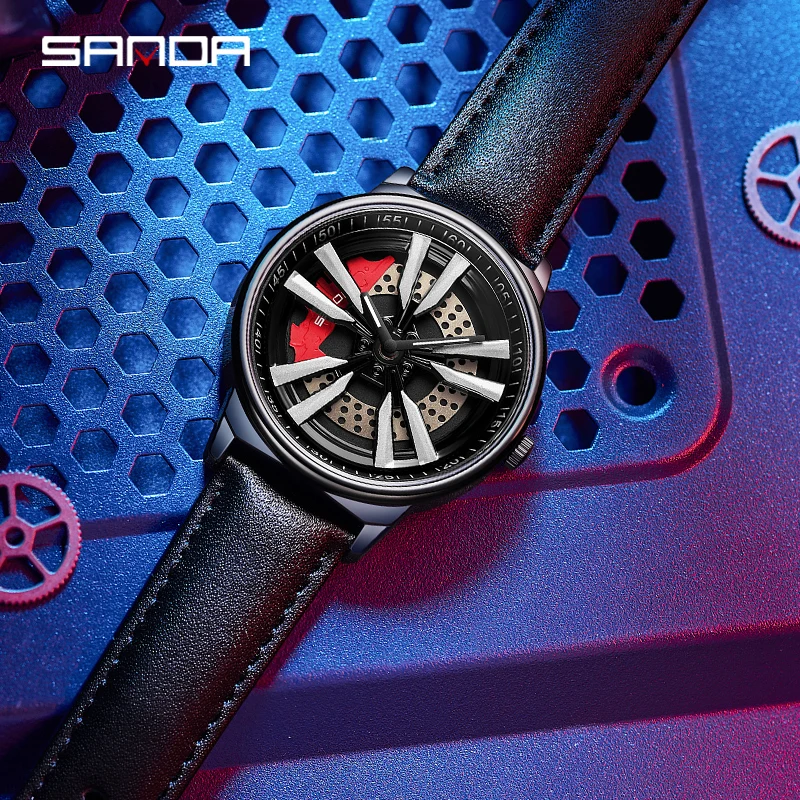 SANDA-reloj deportivo de cuarzo para hombre, cronógrafo con correa de cuero, cubo de rueda de coche, estilo militar, nuevo diseño, P1111