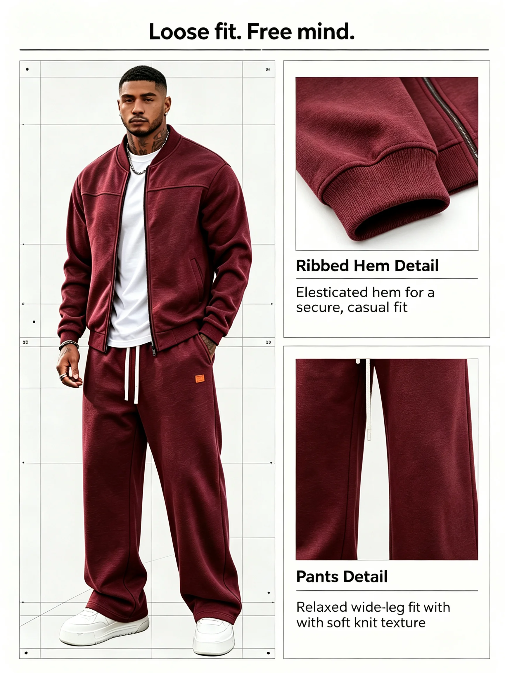 Men 2 Piece Sets Retro Streetwear Tracksuit, Zip-Up Jacket & Wide Leg Sweatpants, Casual Soft Fabric Sweat Suit Outfit view 6