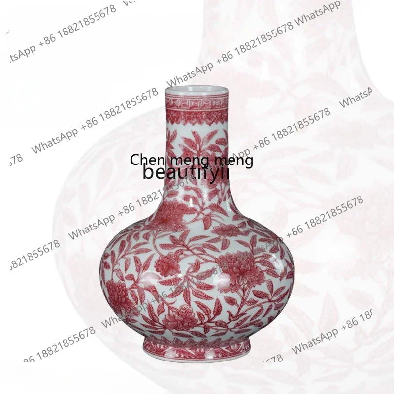 G153 Glazed Red Peony Flower Picture WideBelly Bottle Jingdezhen Ceramic Chinese Style Living Room Flower Arrangement Home Decor
