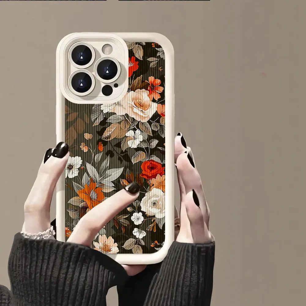 Retro Flower Case For iPhone 16 Pro Max 15Pro 14 13 12 11 ProMax X XR 7 8 Plus 5 SE Case Soft Silicone Leather-Grain Back Cover