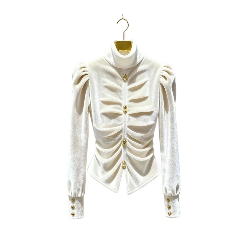 

Белый бархатный топ с высоким воротником, потрясающая элегантная французская плиссированная рубашка с завязкой на талии, зимняя утягивающая женская рубашка, стильный внутренний слой