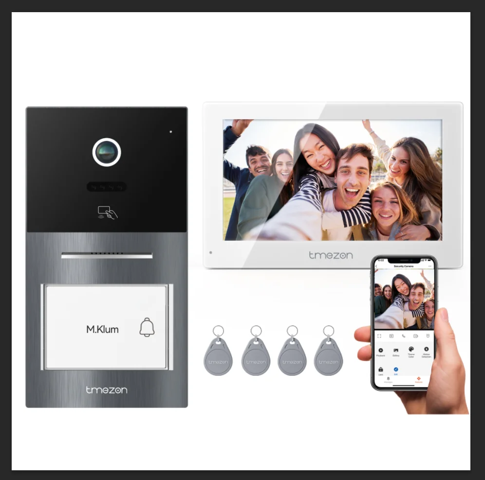 TMEZON Videocitofono WiFi a 2 Fili, Sistema Citofono Video, Schermo Touch IP da 7", Videocitofono in Metallo 1080P con Telecamera, Rilevamento del Movimento Umano, Sblocco tramite App/Carta RFID