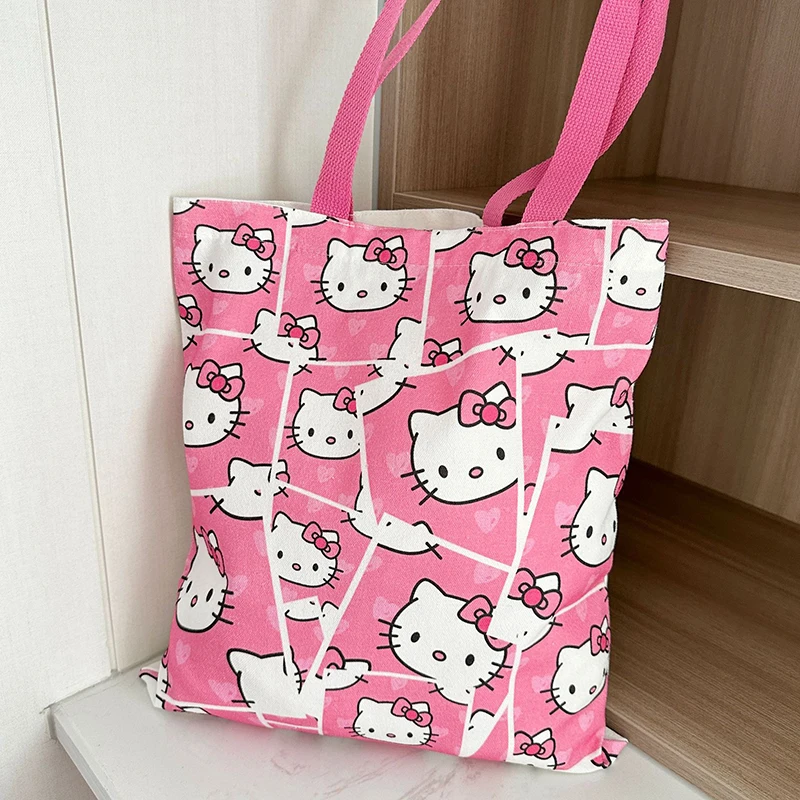 Hello Kitty płócienna torba Sanrio Kawaii urocza duża pojemność torebka studencka Cartoon Tote damskie torby na zakupy na ramię prezenty dla