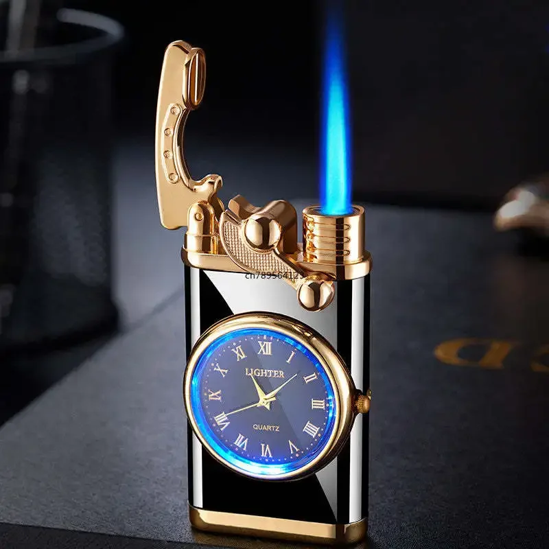 Rocker Arm Watch Metal Unusual Gas Lighters Jet Butane Torch Lighter Windproof Cigarette Cigar Lighter Gadgets for Men Wlth  Box