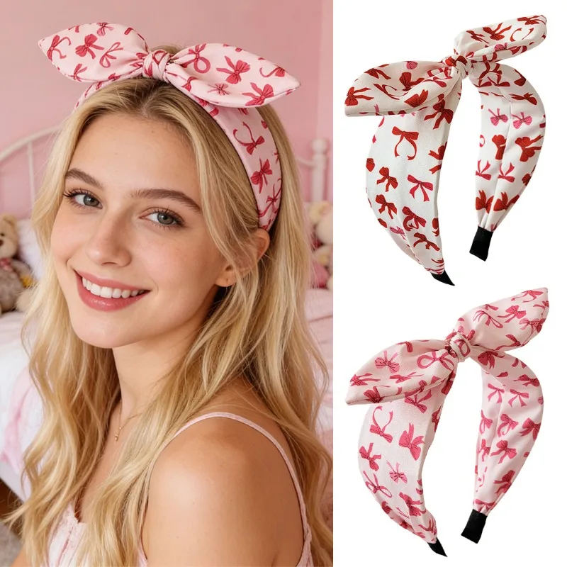 

1 шт. Милая повязка на голову с бантом и принтом, женский очаровательный аксессуар с ушками кролика, модный женственный аксессуар, стильный головной убор для девочек, новинка для повседневных и праздничных образов