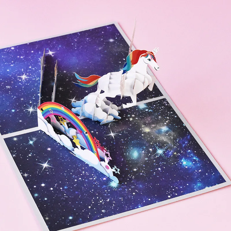 1 Pcs Pop Up Style New 3D Unicorn Greeting Card Handmade Paper Carving Universal Animal Cards Gift