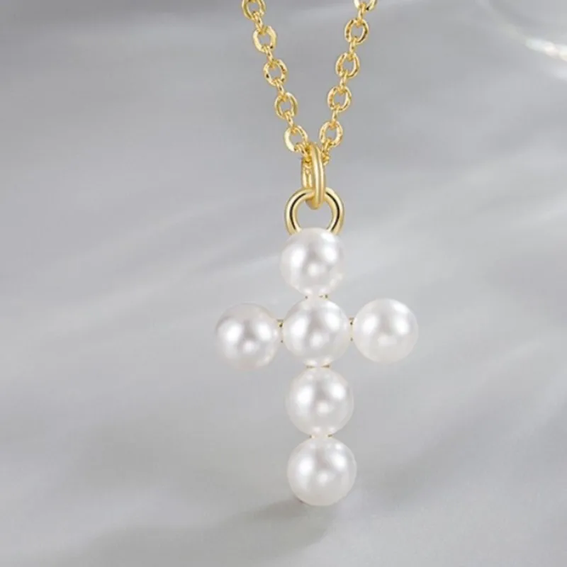 ANENJERY Imitation Gloss Pearl Cross Pendant Necklace Trendy Sweater Chain Necklace Jewelry For Gentle Women Party Necalces