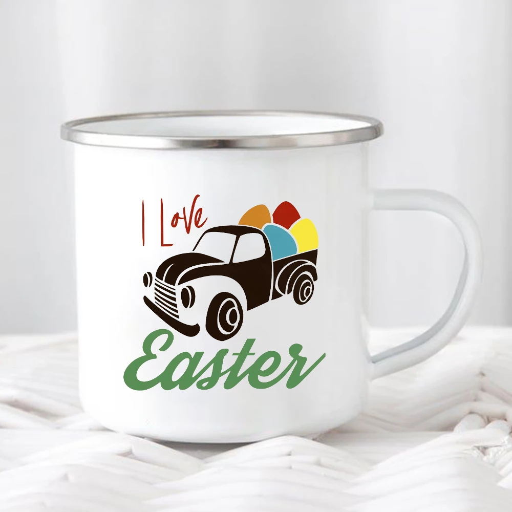 Happy Easter Creative Enamel Coffee Mugs Cartoon Truck Rabbit Egg Drink Juice Cups Outdoor Camping Travel Water Mug Easter Gifts