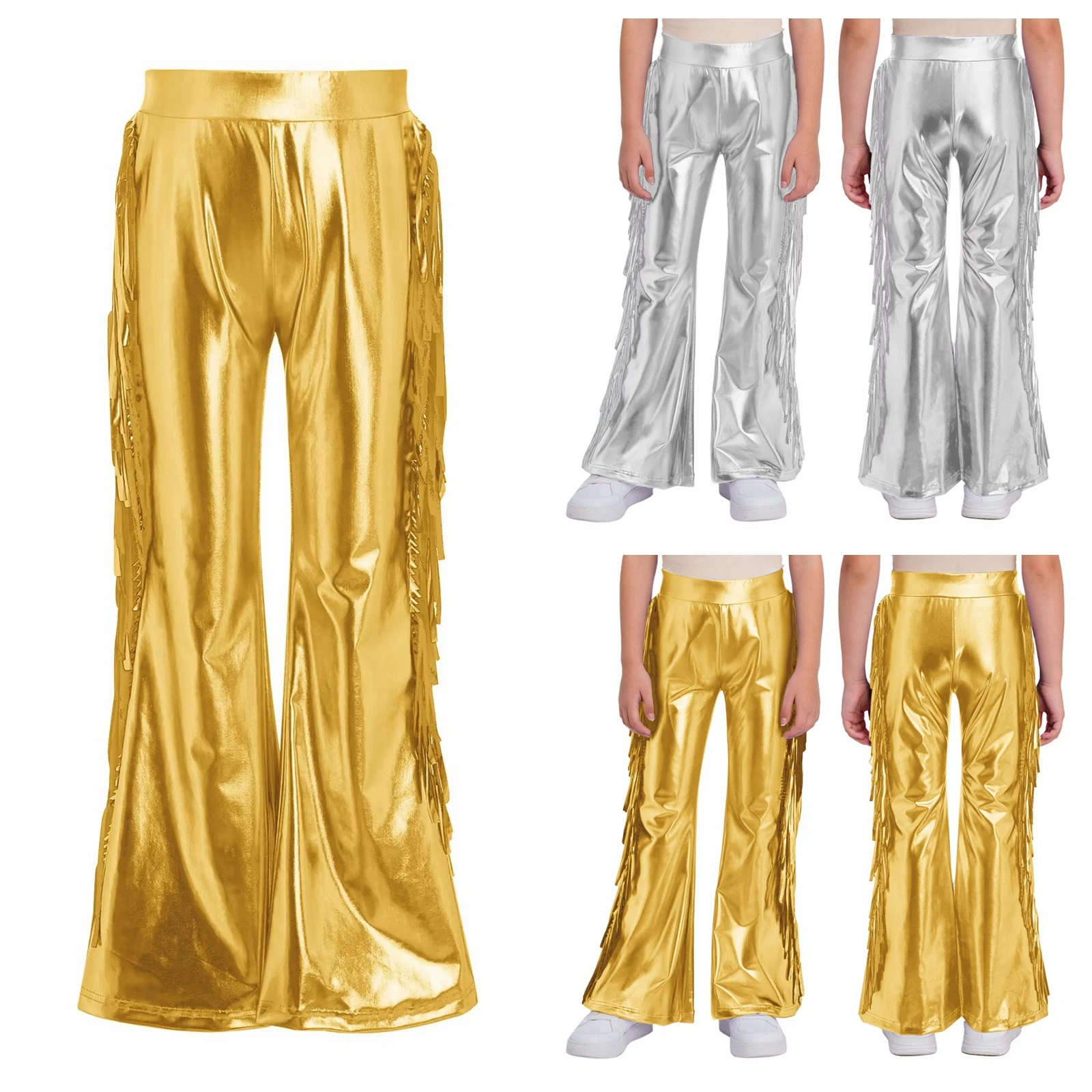 

Детские джазовые танцевальные брюки для девочек с бахромой, металлические расклешенные брюки-клеш для дискотек, танцевальных вечеринок и сценических выступлений