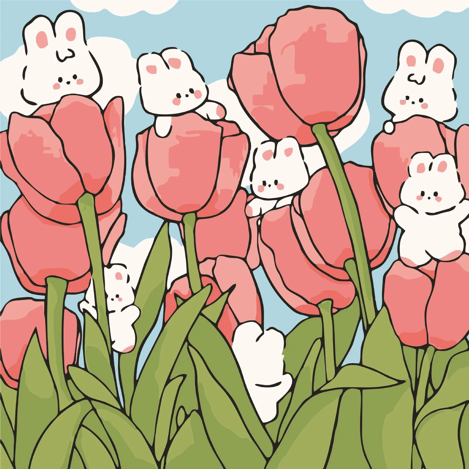 300004-Healing Decor Painting Spring Tulips And Fluffy Little Rabbits