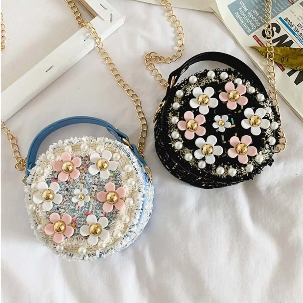 Simples corrente de metal flor redonda saco pérola lã fresco crossbody bolsa ombro renda mini bolsa meninas