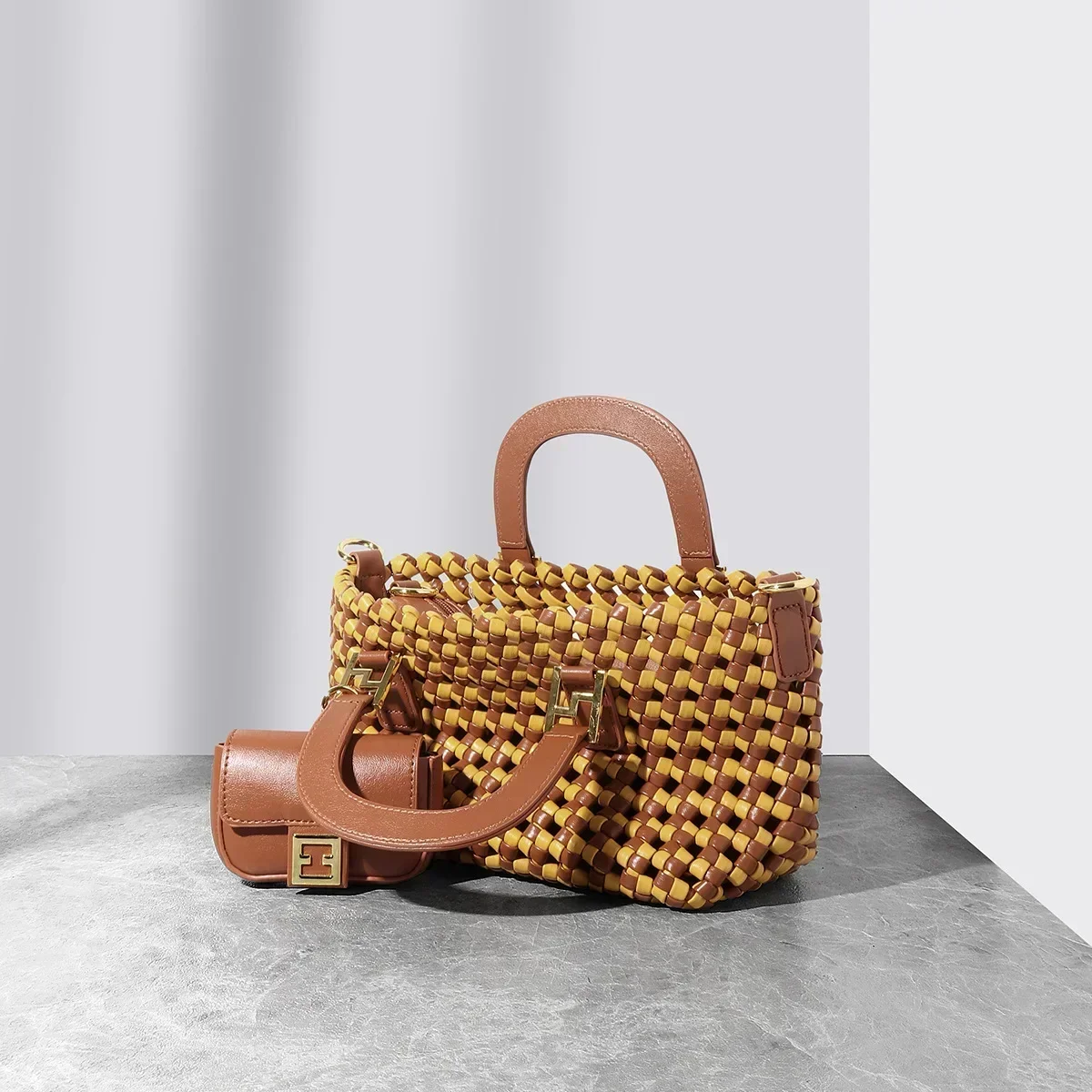 Woven Leather Tote with Small Pocket Bag 2 Pcs Sets Knitting Handbag Yellow Casual Luxury Designer Brand Shoulder Bags for Women