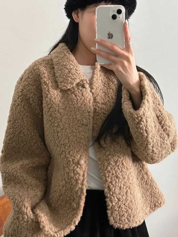 الشتاء Faion مكافحة الشيخوخة التلبيب زر واحد فرو الضأن ort Jaet المرأة الجديدة 2025 الكورية Sle فضفاضة تناسب محاكاة فرو الضأن