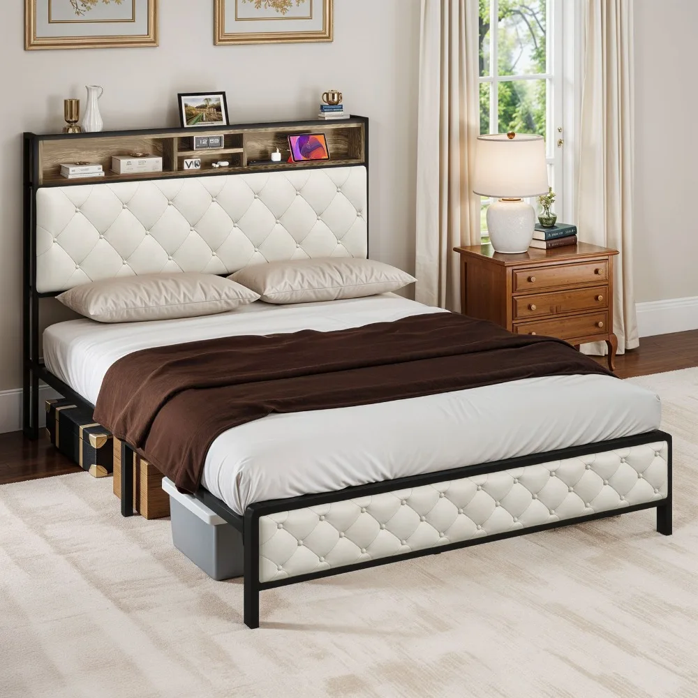 Queen Size Storage Bed Frame with Tufted Headboard Shelves and Charging Station