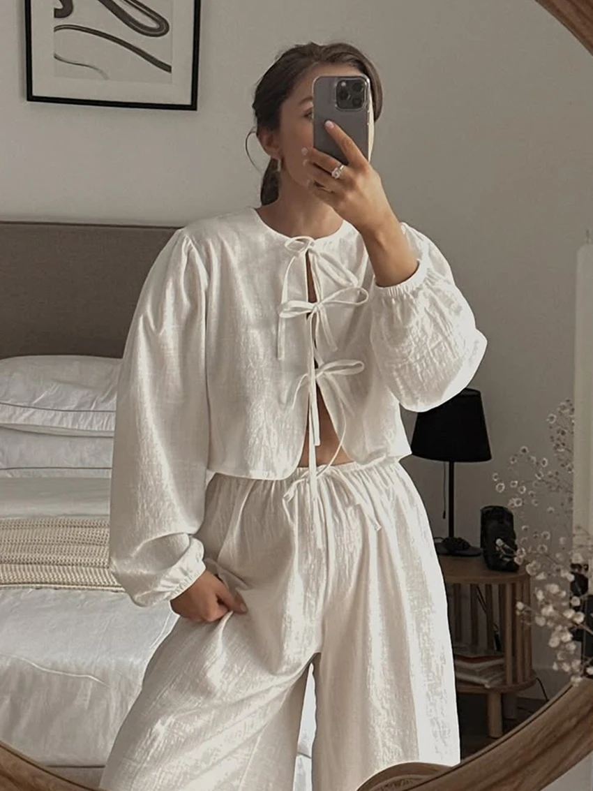Marthaqiqi Cotton Women Pajamas Suit Long Sleeve Sleepwear O-Neck Nightgowns Lace Up Nightwear Pants Casual Nightie 2 Piece Sets