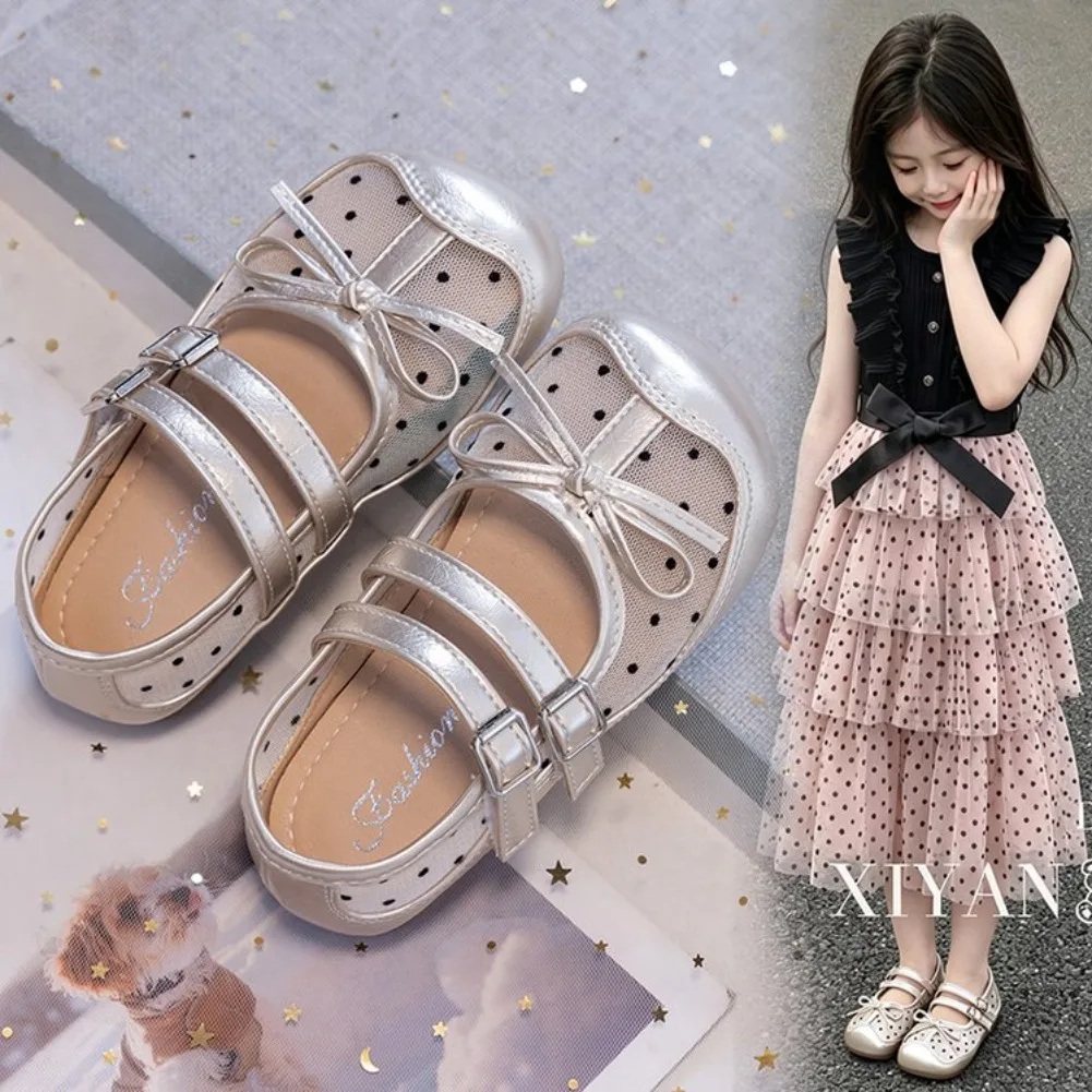 2026 New Kids Girls Silver Hollow Mary Jane Shoes with Bow, Soft Non-slip Sole, Breathable Footwear for Summer & Casual Wear