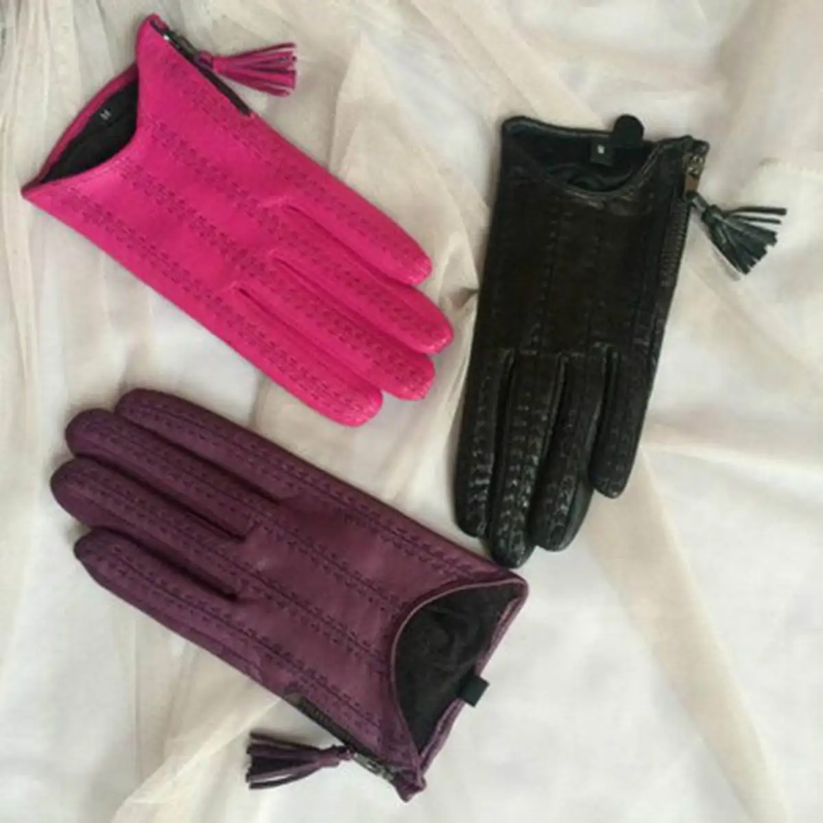 

2024 Woman Punk Style Half Palm Glove Zipper Tassel Driving Sheep Leather Gloves Winter Mittens LG015