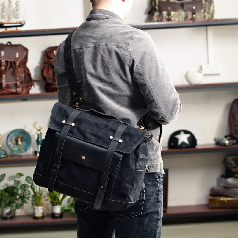 

Vintage Wax Canvas Motorcycle Messenger Bag - Waterproof Retro Shoulder Saddle Bag for Men