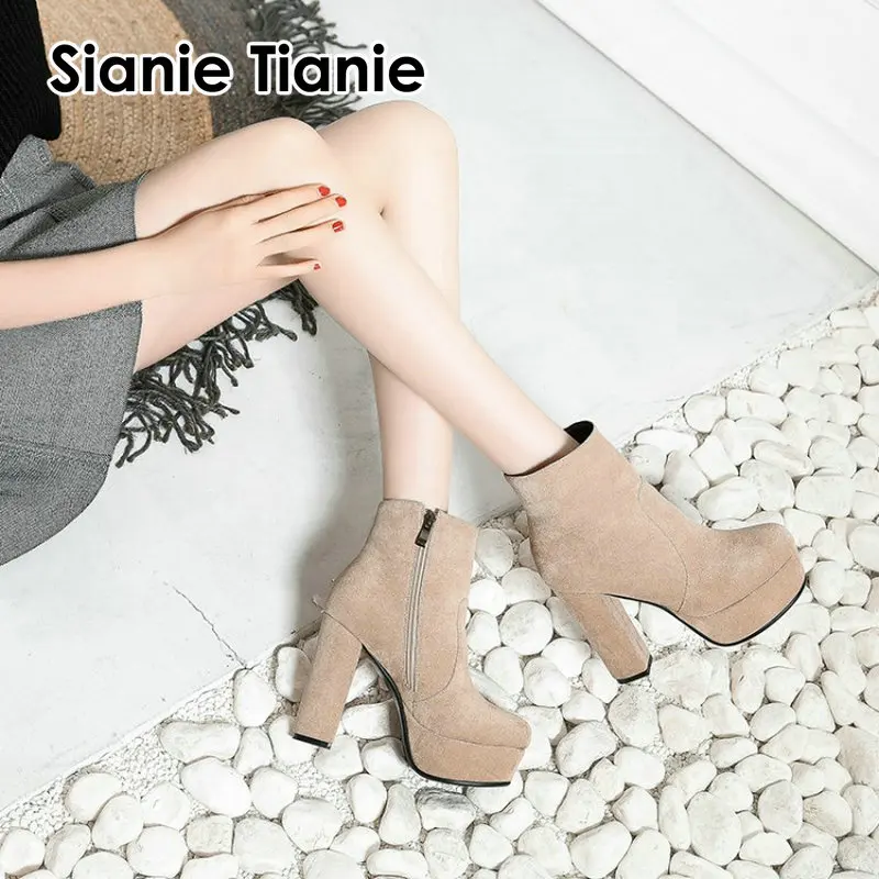 

Sianie Tianie faux suede platform ankle boots zipper solid yellow black fashion woman booties shoes block high heels women boots
