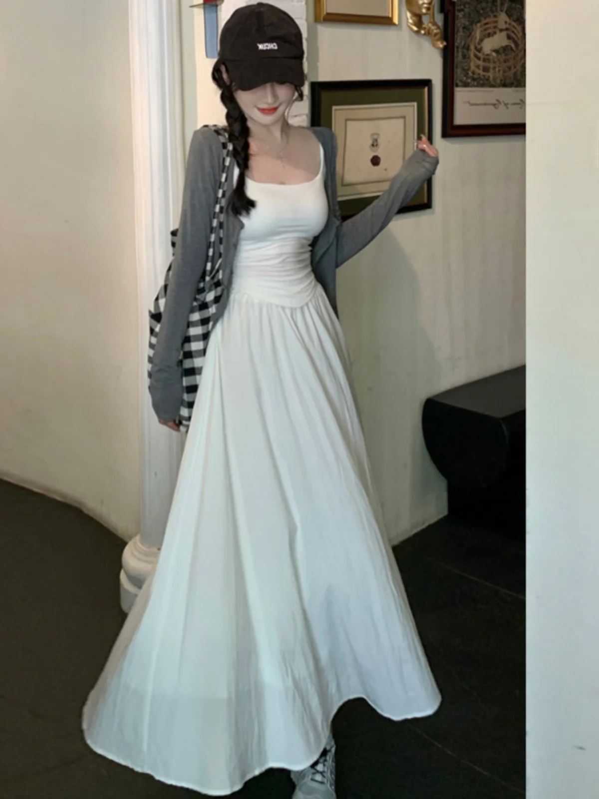 

plus Size Early Autumn Grey Versatile Open Cardigan Top Strap Vest High Waist Skirt Beach Skirt for plus Size Women