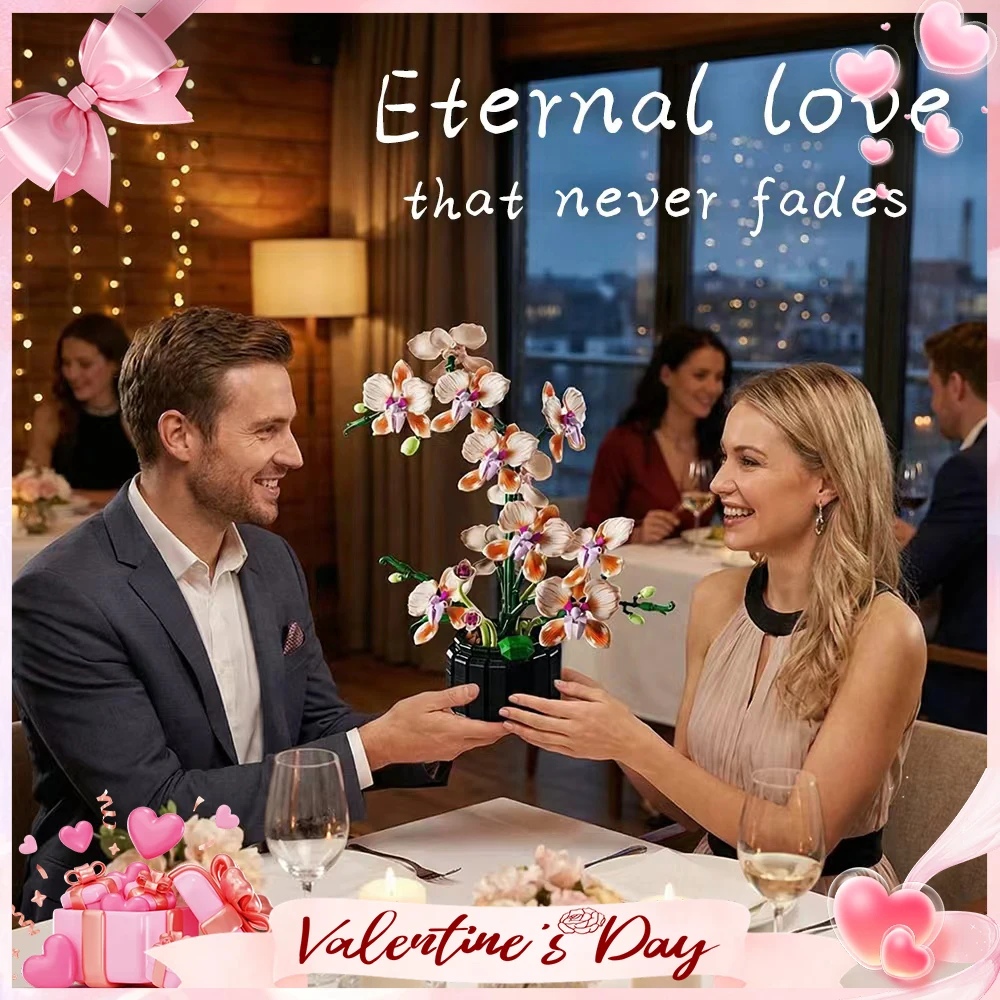 

Valentine's Day Simulation Orchid Bouquet 866 PCS Flowers with Vase Assembly Building Blocks Romantic Girls Gift Kids Desk Toys