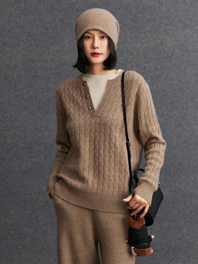 

TLOML Chic Women 100% Cashmere Sweater O-neck False Two-piece Cable Knit Pullover Autumn Winter Soft Warn Cashmere Knitwear Tops