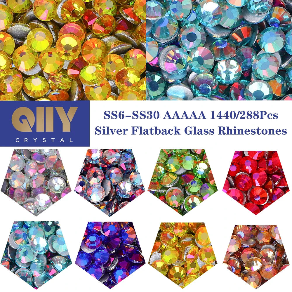 

QIIY SS6-SS30 High Quality Glass Rhinestones Super Bright Crystal AB Non-hotfix Flatback Glue On 3D Stones For DIY Nail Art