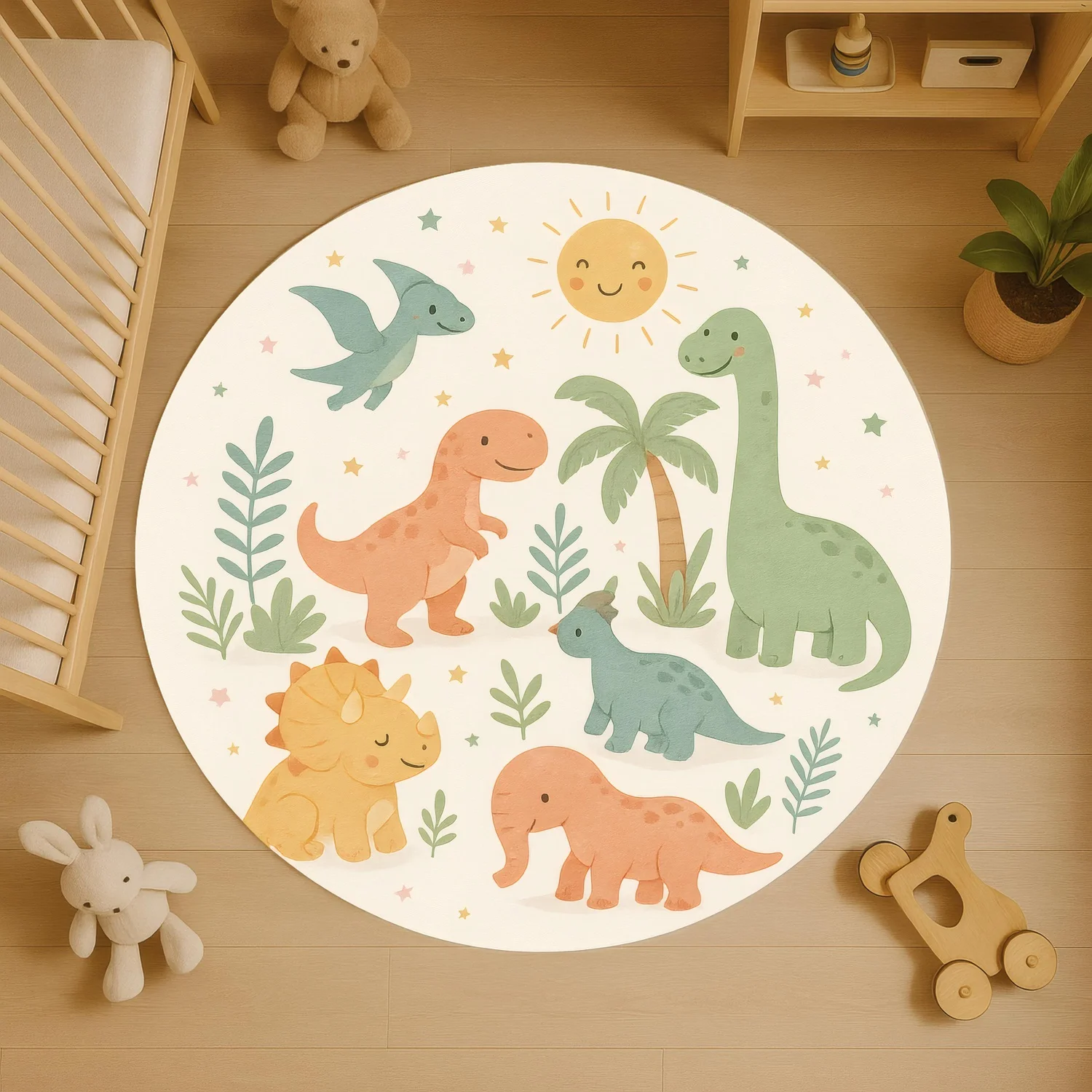 Colorful Dinosaur Round Rug, Cute Prehistoric Style Baby Room Rug with Palm Tree and Sun Motifs, Suitable for Baby Rooms or Toddler Play Areas