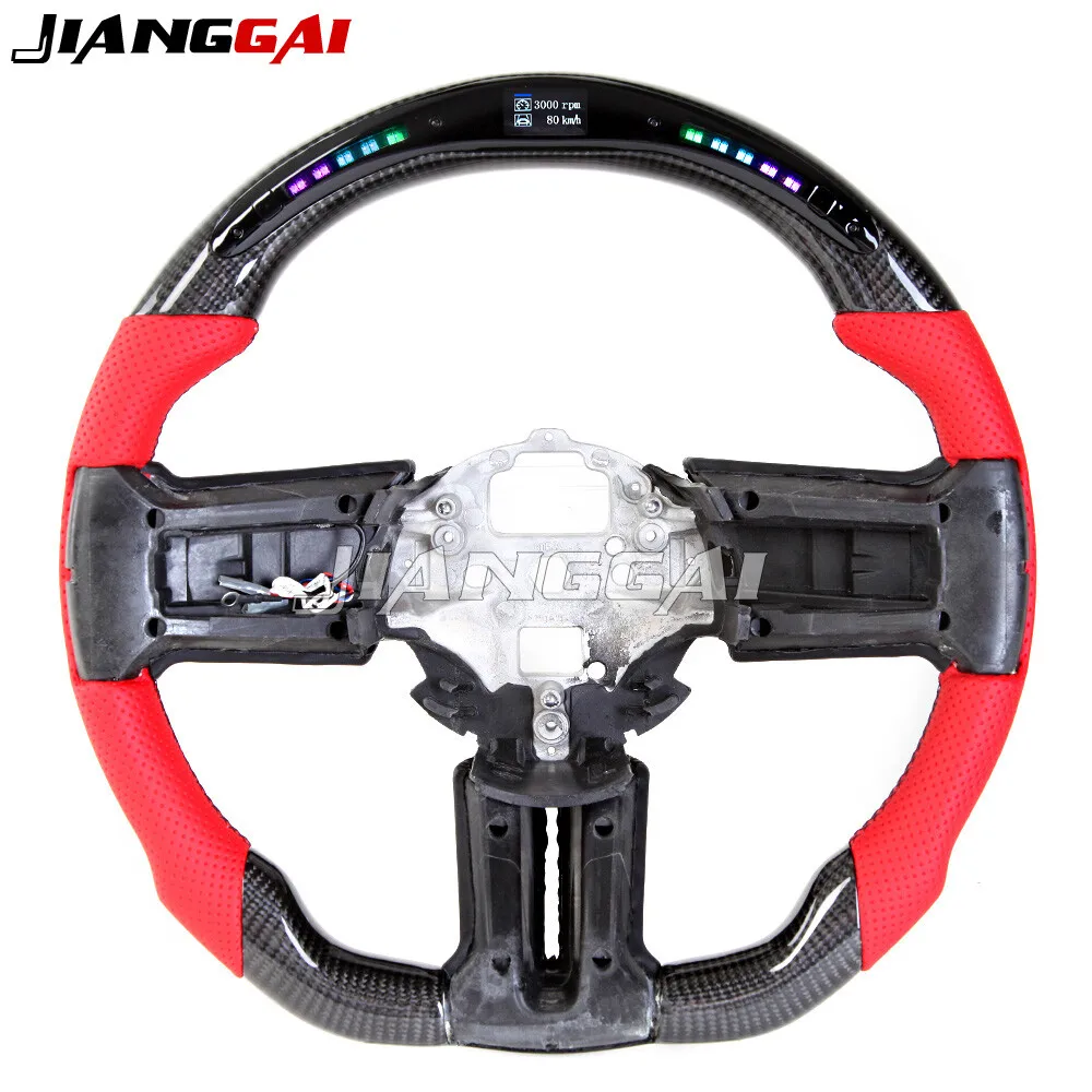 

Real Carbon Fiber LED Customized Steering Wheel Fits For Ford Mustang GT 2012-2014 Red Perforated Leather Wheel Accessories