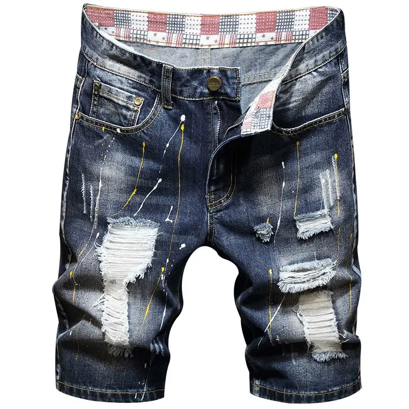 2025 Summer New Fashion Men\'s Graffiti Ripped Short Jeans Casual Slim Big Hole Retro Style Denim Shorts Male Brand Clothes