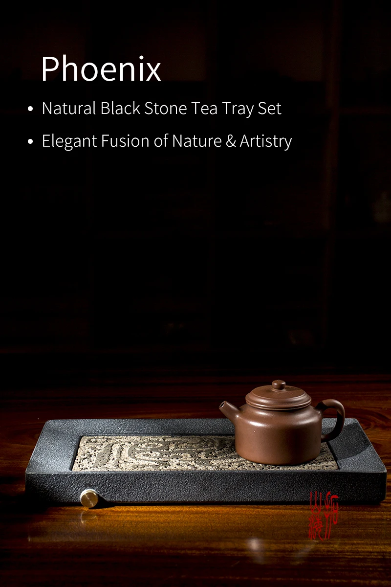 Tee-Tablett aus Naturstein mit Abfluss, schwarzer Basalt, handgeschnitztes Phoenix-Muster, rechteckiges Gongfu-Teetablett, Heimdekoration, Geschenk, 30 x 15 cm – Detail 1