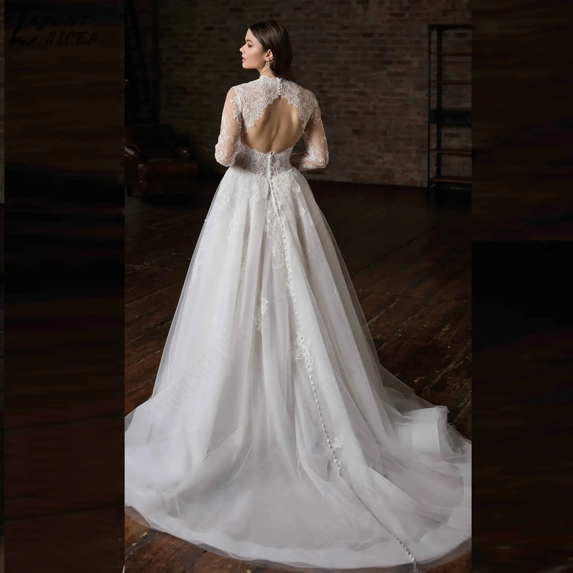 Vintage Long Sleeve Lace Wedding Dress in Church A-line V-neck Tulle Bride Gowns Open Back Classic vestidos de novia customized