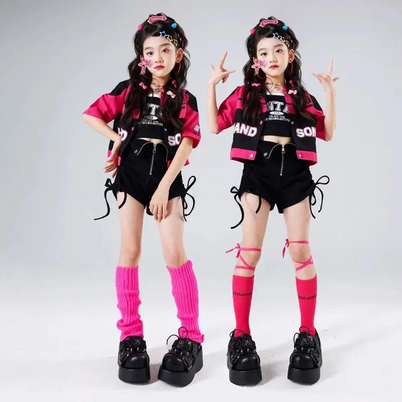 Veste de moto courte K-pop pour filles, pantalon Cargo en cuir brillant, short de danse de rue Hip Hop pour enfants, ensembles de vêtements pour enfants, Streetwear Jazz