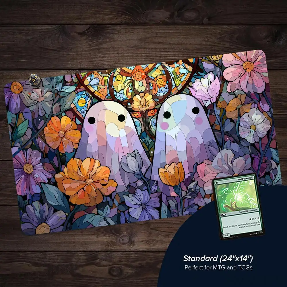 Colorful Flowers and Cute Ghosts MTG Playmat Magic Card Mat with Stitched Edge Non-Slip Tabletop Playmat Board Game Mat for TCG