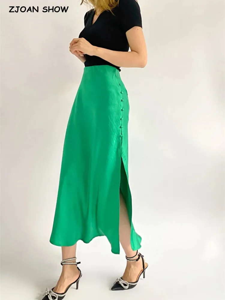 2024 Retro Elastic High Waist Bright Satin Skirt Spring Summer Women Button Side Slit Mid Long A-line Skirts Femme 22 colors