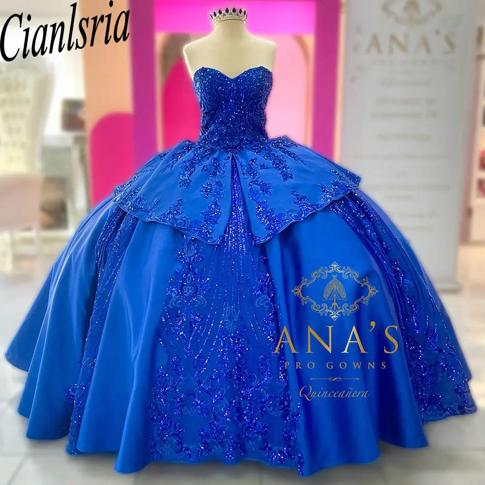 Vestido De baile De encaje con apliques De lentejuelas para quinceañera, corsé con volantes y escote Corazón, color azul real, 15 Años