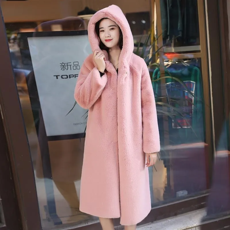 Mixed fur coat women's medium length thickened large size with hood
